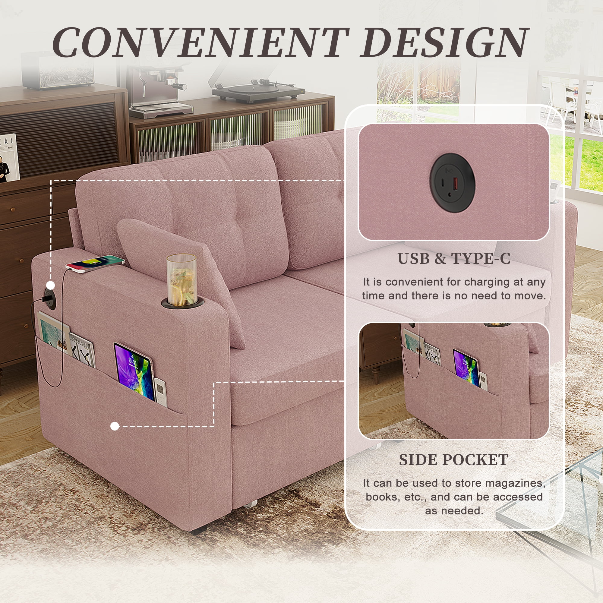 MOONMISS 68" Chenille 3 Seater Sofa Deep Seats,Wood Frame with Storage,USB Charging and Cup Holder,Pink