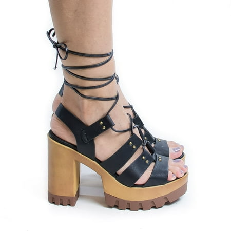 Leslie05 by Wild Diva, Corset Lace Up Sling Back Lug Sole Platform Chunky Heels Pumps