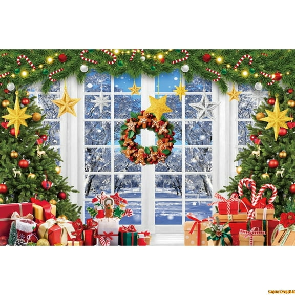 Winter Christmas Photography Backdrop White Wood Window Snow Forest Sce Xmas Tree Background Baby Family Portrait Photo Props