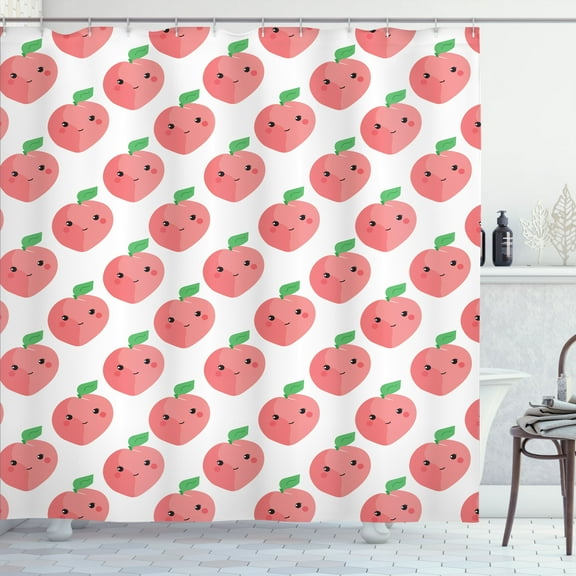 Ambesonne Peach Shower Curtain, Kawaii Smiling Fruit Cartoon, 69"Wx75"L, Pastel Pink White Green