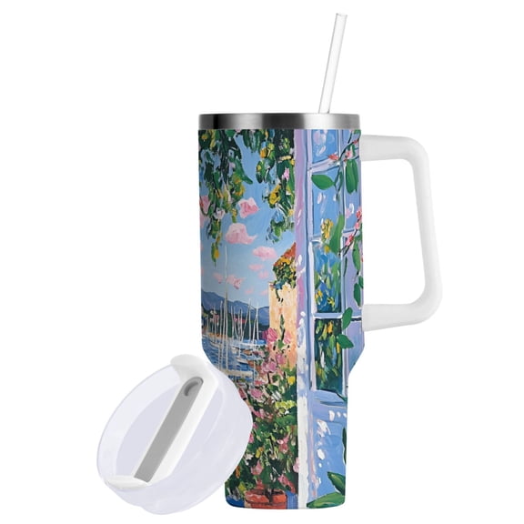 Yayeee 40oz Stainless Steel Tumbler with Straw and Handle Double-Wall Insulated Travel Water Bottle, Blue Floral Window