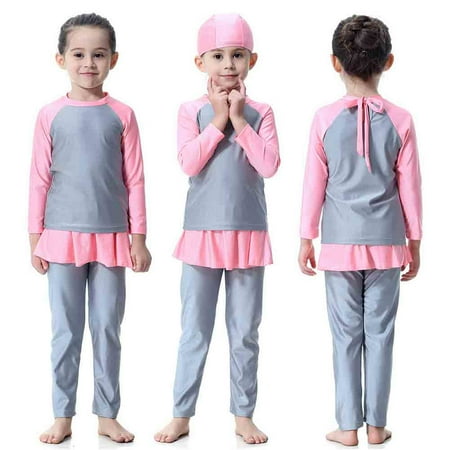 

KangQi Kids Girl Muslim Quick Dry Full Cover Cap Ruffle Top Pants Swimwear Swimsuit Set