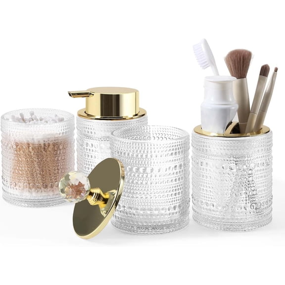 Bathroom Accessories Set,4Pcs Glass Bathroom Counter Set with Foaming Soap Dispenser,Toothbrush Holder,Bathroom Tumbler,Cotton Swab Jars