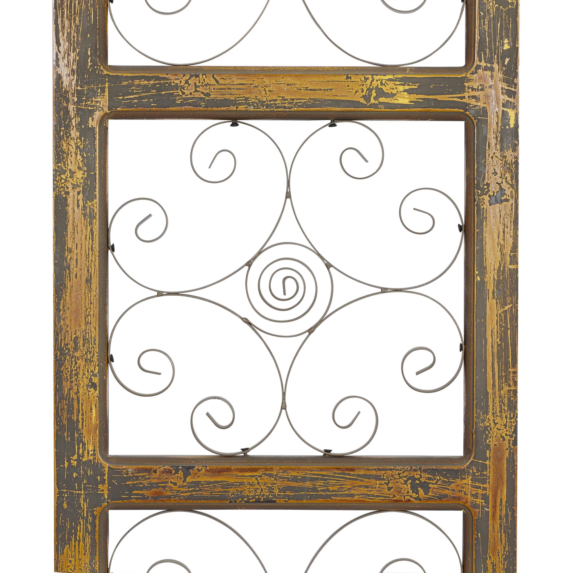 DecMode Brown Wood Distressed Panel Scroll Wall Decor with Bronze Metal Scrollwork