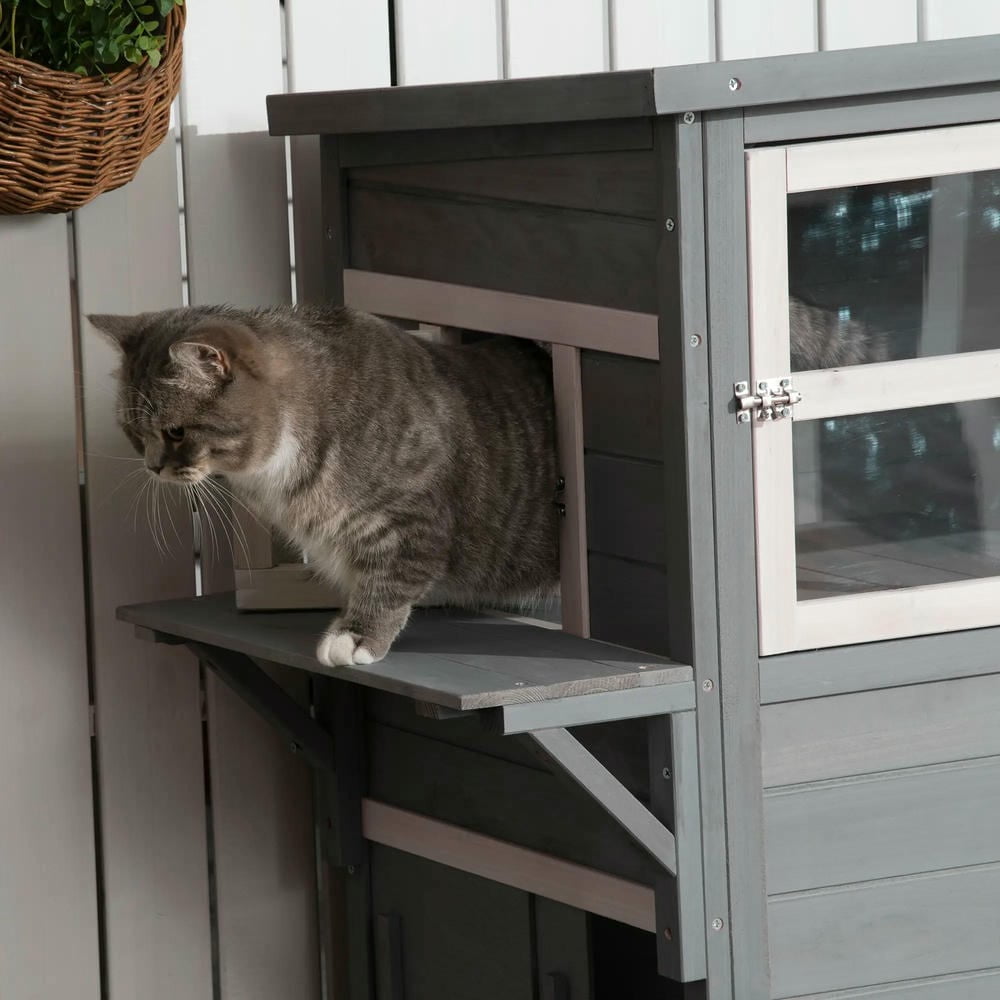 GVN Cat Catio Enclosure, Cat Cage House,Outdoor Cat House, 3-Tier Kitty Shelter with 5 Escape Doors, Gray & White