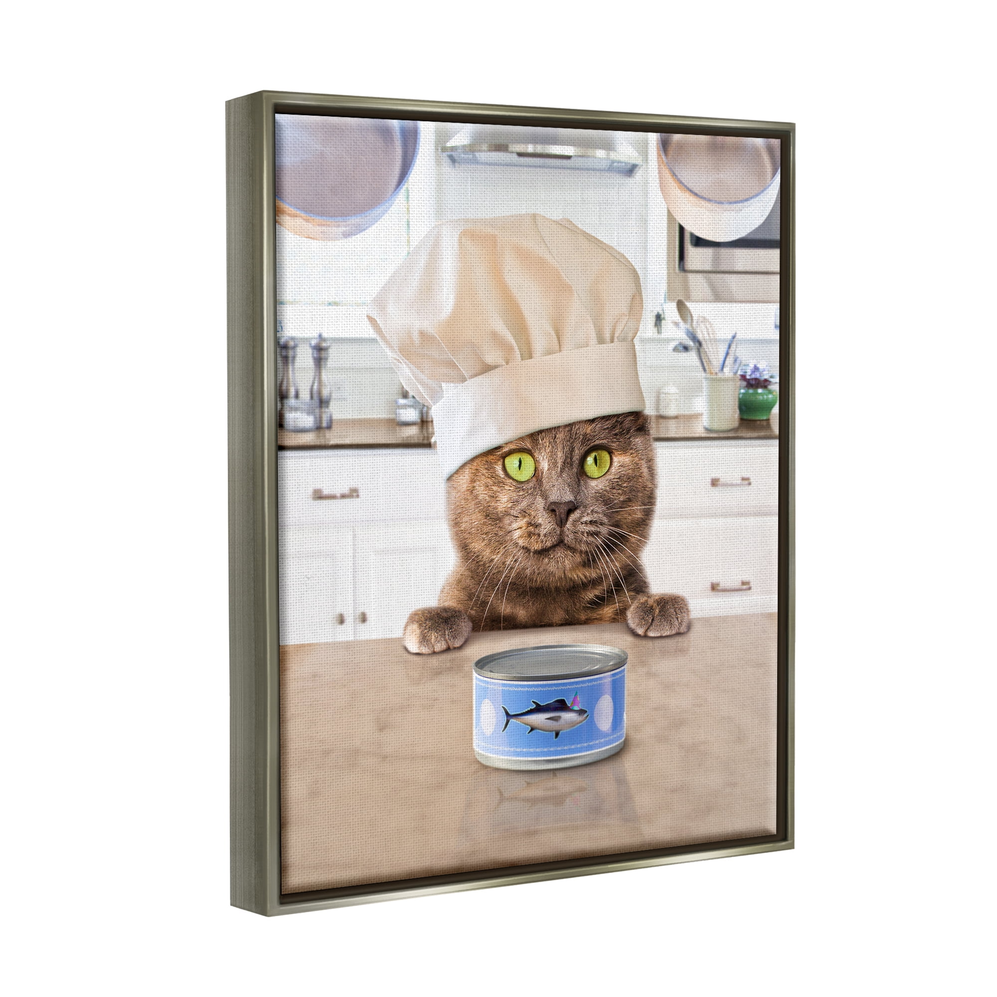 Stupell Industries Cat Chef & Tuna Can Animals & Insects Painting Gray Floater Framed Art Print Wall Art, 25 x 31