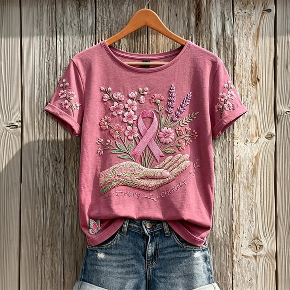 Womens Crew Neck Breast Cancer Awareness Shirt Hope Courage Hand Floral Pink Ribbon Print Tee Casual Short Sleeve Breast Cancer Survivor Tops