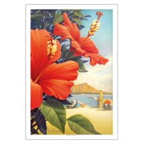 Hibiscus Beach Day - Waikiki Beach - Red Hibiscus - Vintage Hawaiian Travel Poster by Kerne Erickson - Fine Art Matte Paper Print (Unframed) 30x44in