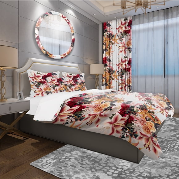 Designart 'Floral Pattern with Roses and Lily' Modern & Contemporary Bedding Set - Duvet Cover & Shams