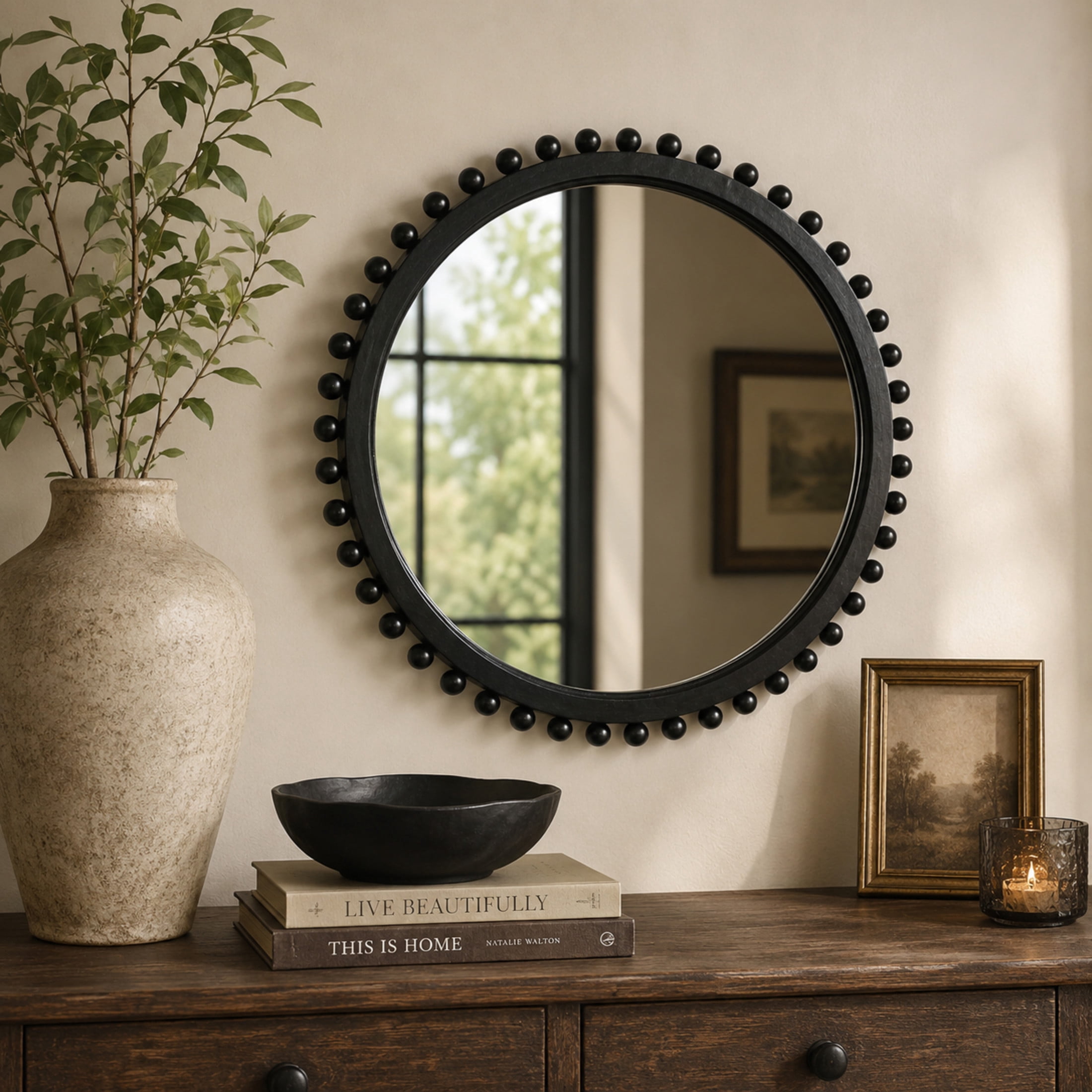 DecMode 35" x 35" Black Wall Mirror with Beaded Detailing