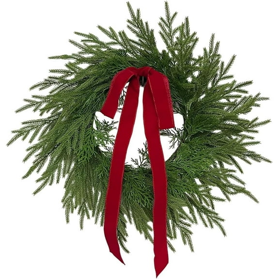 Jollup 21.65 inch Artificial Norfolk Pine & Cedar Christmas Wreath with Velvet Bow, Real Touch Faux Greenery Holiday Front Door Decoration for Indoor Outdoor Use (1)