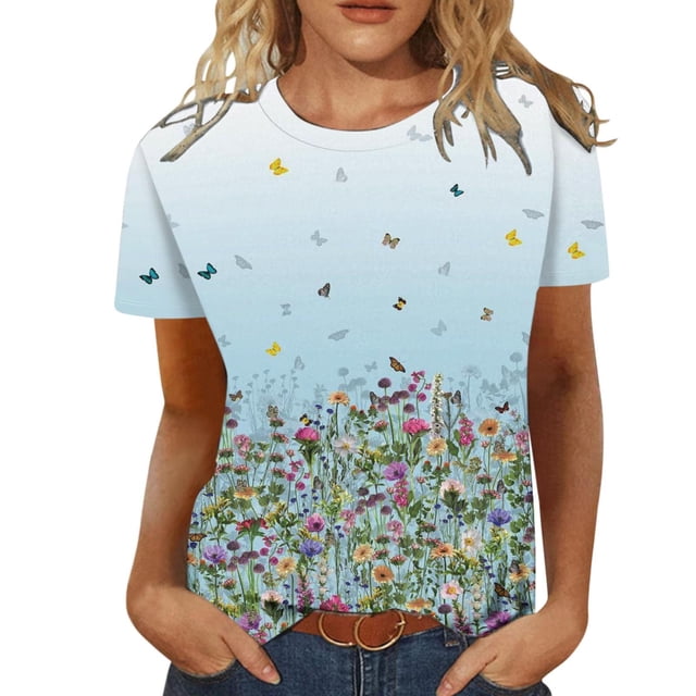 Camiseta de manga corta suelta con cuello redondo y estampado informal de verano a la moda para mujer Pompotops hkajfhjk465929