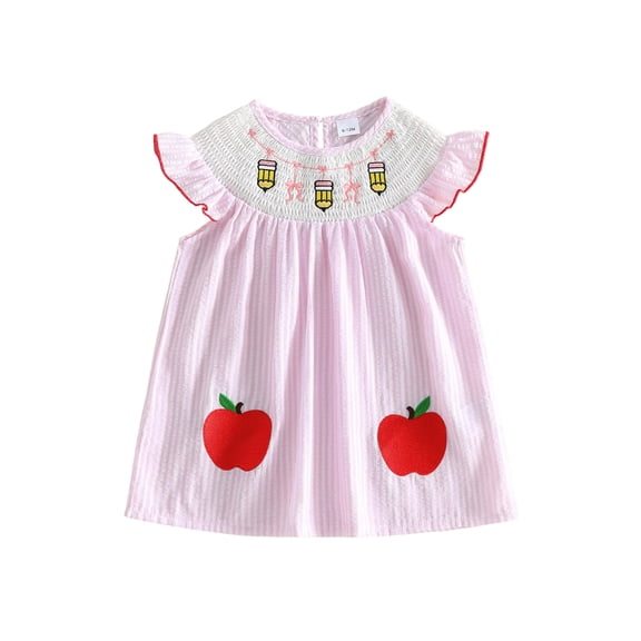 BemeyourBBs Toddler Baby Girl Back to School Dress Kids Girls Kindergarten Outfits 2 3 4 5 6 7 Years Baby Girls Summer Smocked Dress Flying Sleeve Apple Pencil Embroidered Striped Dress