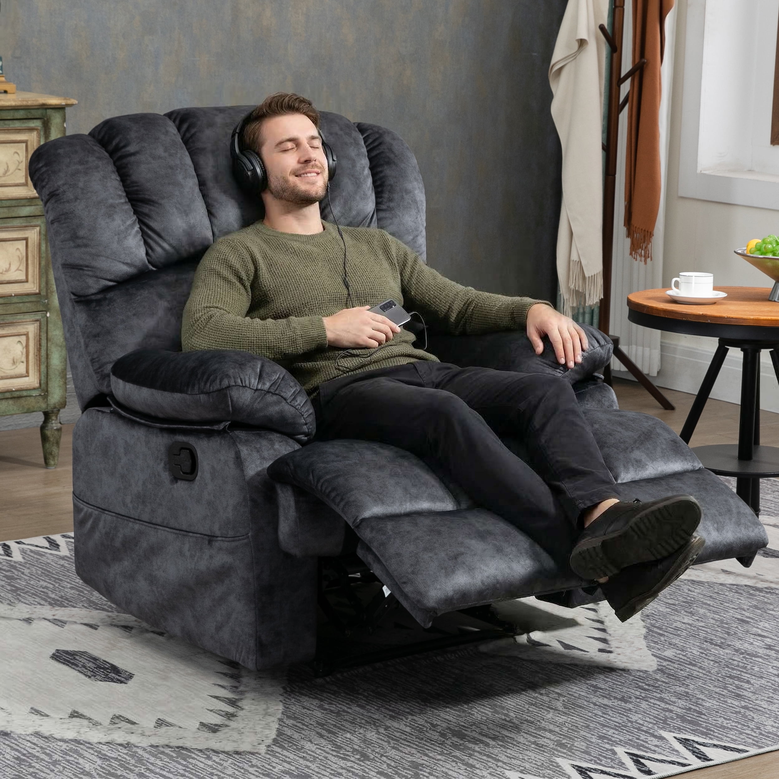 Trustyue  Manual Recliner Chair with Footrest, 40" Wide Push Back Recliner Chair with Three Position and Two Side Pockets, Velvet, Black