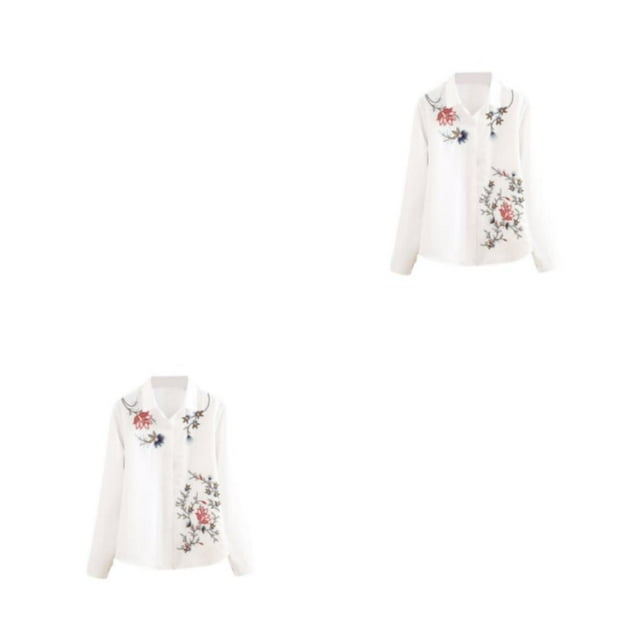 Camisa blanca de moda Sonducket para mujer con Botón de flores manga larga Elegante M 1522 Blanco