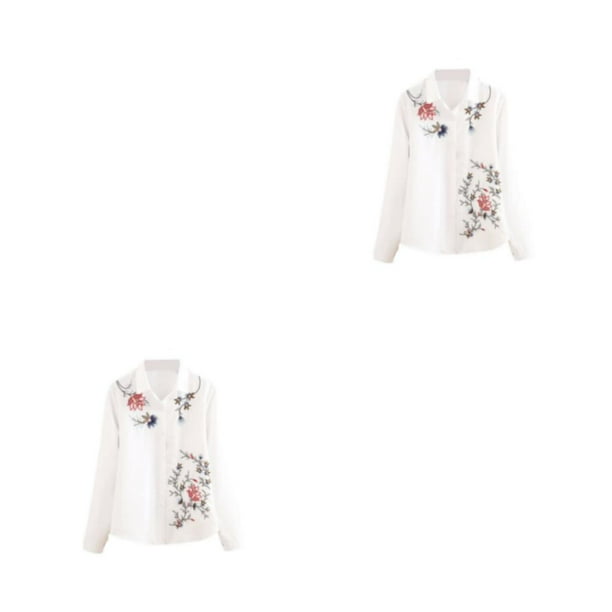 Minnieouse Camisas de mujer Camisa blanca de moda de manga larga Flor vintage de un solo pecho Elegante blusa deportiva ajustada L 1522 L,1522 Blanco 2Conjunto