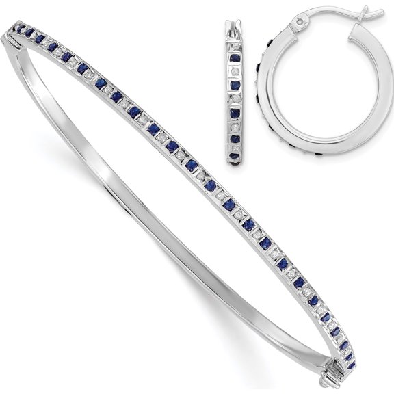 Sterling Silver Ss Platinum-Plated Diamond Mystique Dia/Sapphire Earrings/Bangle Set Made In United States qdf199