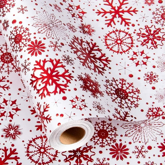 Kraft Christmas Wrapping Paper,Red Snowflake Metallic Embossed Foil Luxury Gift Wrap Roll for Holiday, Party,Celebration, New Year (17 Inch X 32.8 Feet)