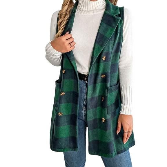 JUUNthy Women's Plaid Sleeveless Vest Jacket, Double‑Breasted with Pockets Lapel Collar Fashion Long Outerwear for Fall Winter Green L