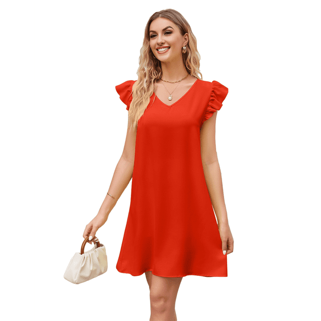 Robes d'Été pour Femmes Col en V Manches Courtes Robe Mini Décontractée Couleur Orange m