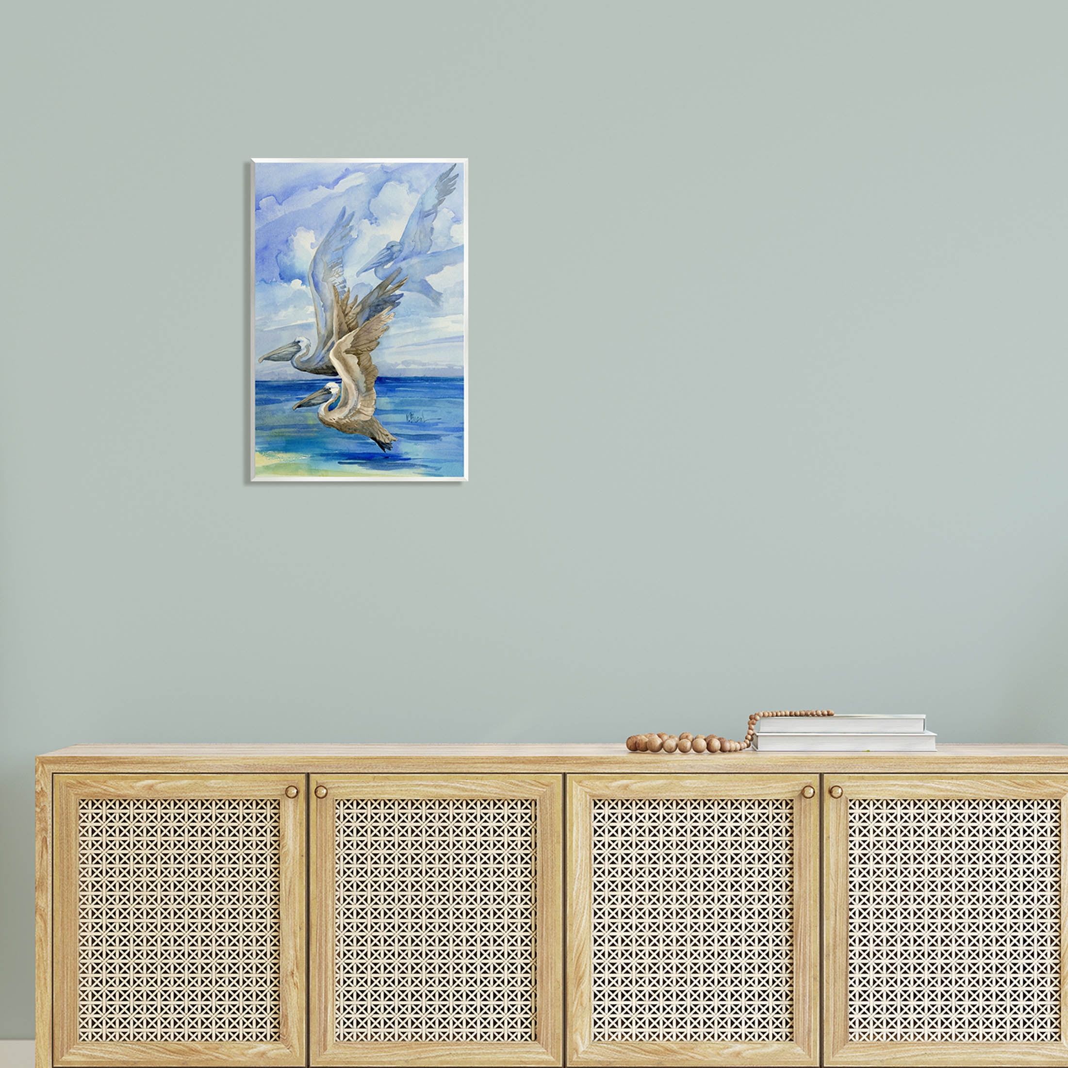 Stupell Industries Pelicans Trio Over Ocean Shore Painting Unframed Art Print Wall Art, Design by Paul Brent
