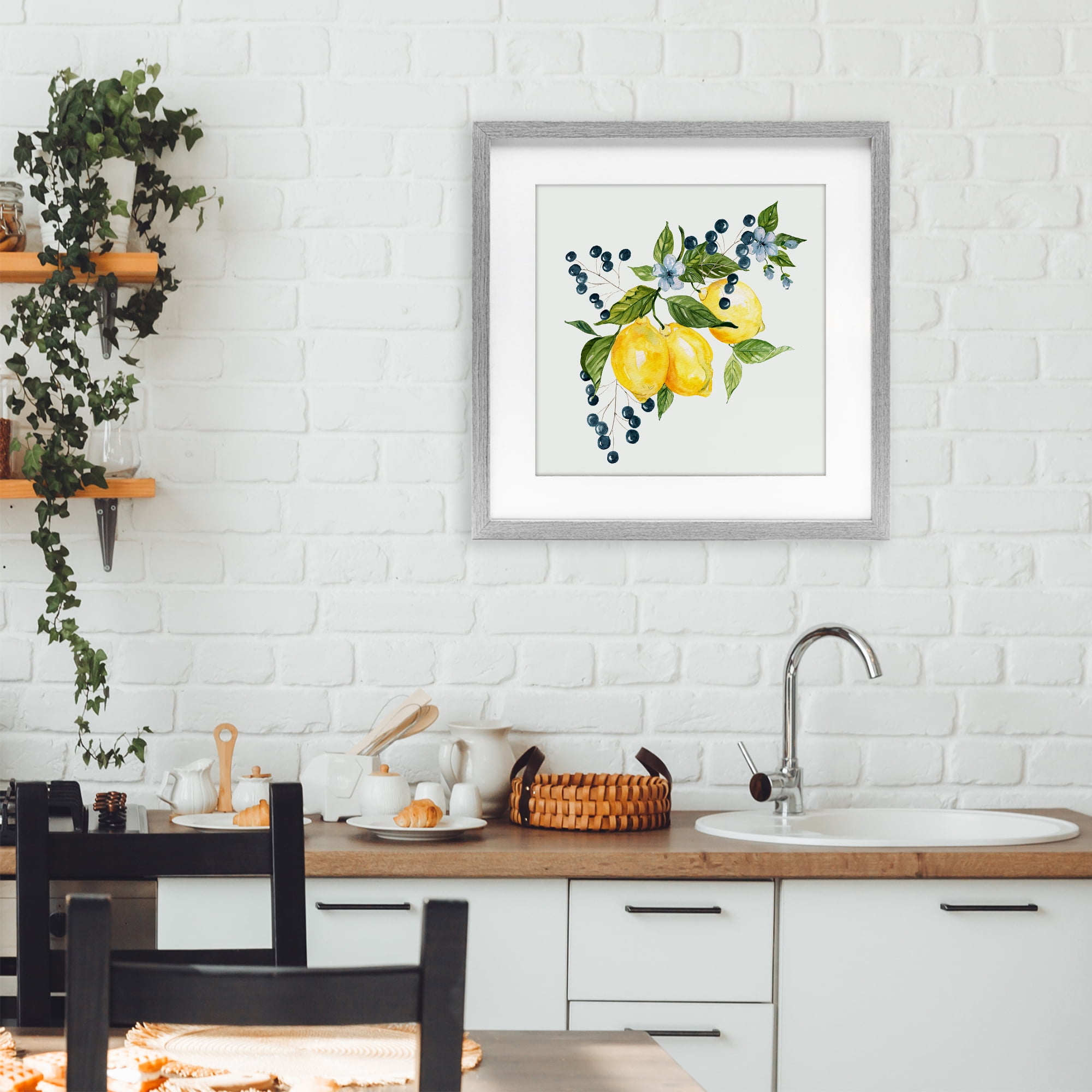 Stupell Industries Lemon Branch with Berries Gray Framed Print Under Glass, design by Livi Finn