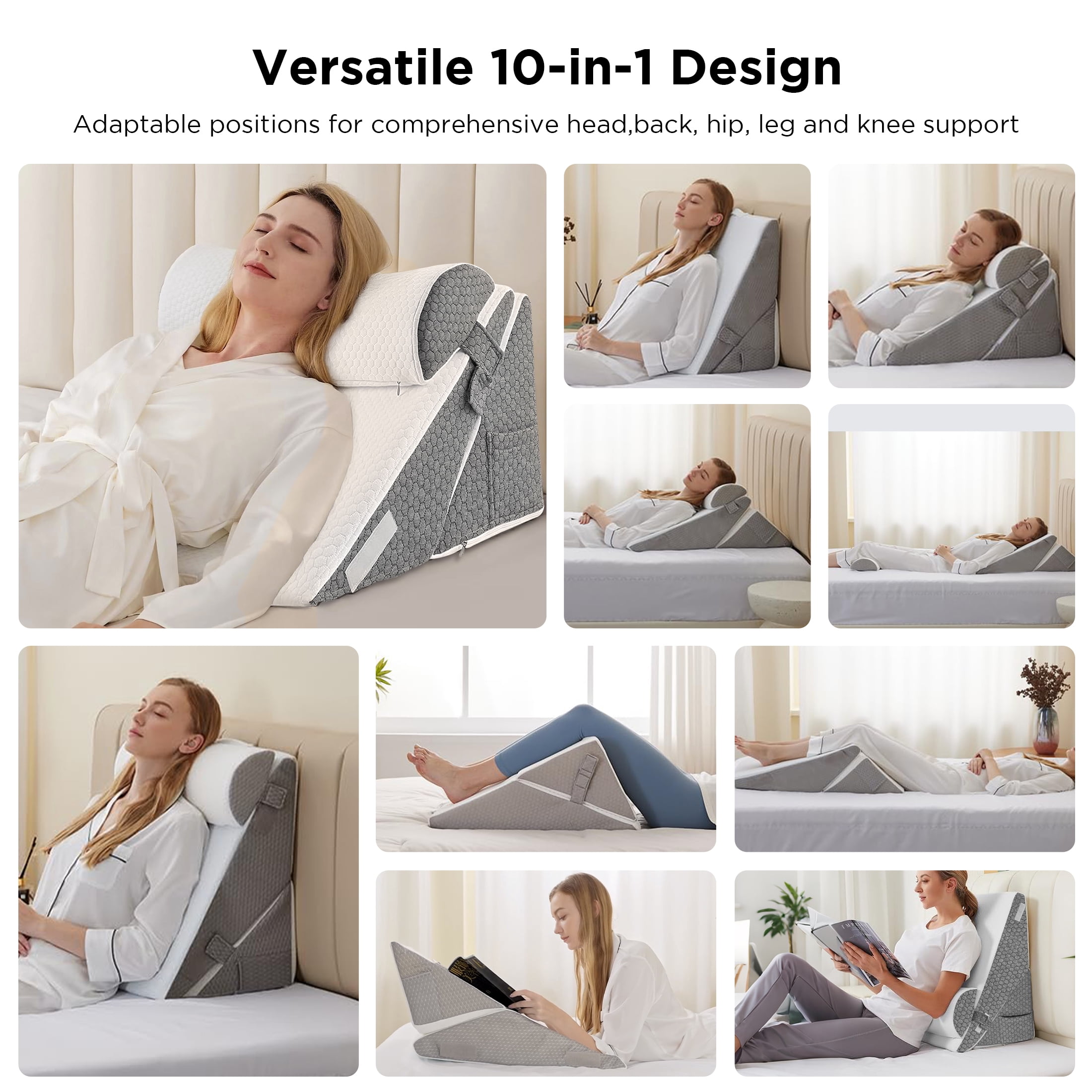 Grnoedn Wedge Pillow for Sleeping,Orthopedic Adjustable Memory Foam Bed Wedge Pillows Set for Acid Reflux,Leg Back Pain Relief & Reading Rest,Headboard with Neck Support & Gray Removable Pillowcase