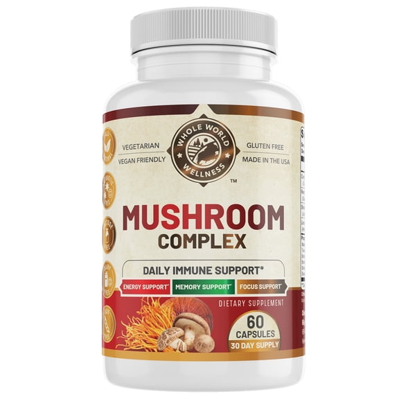 All Natural Mushroom Complex (10 in 1). Daily Immune Support with Lions Mane, Chaga, Resihi. Dairy Free, Soy Free. 60 Capsules, USA Made.