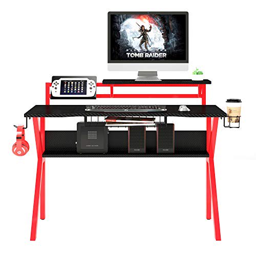 The Urban Port 54-Inch Rectangular Gaming Desk with 2 Shelves and K Shape Leg Support, Black and Red