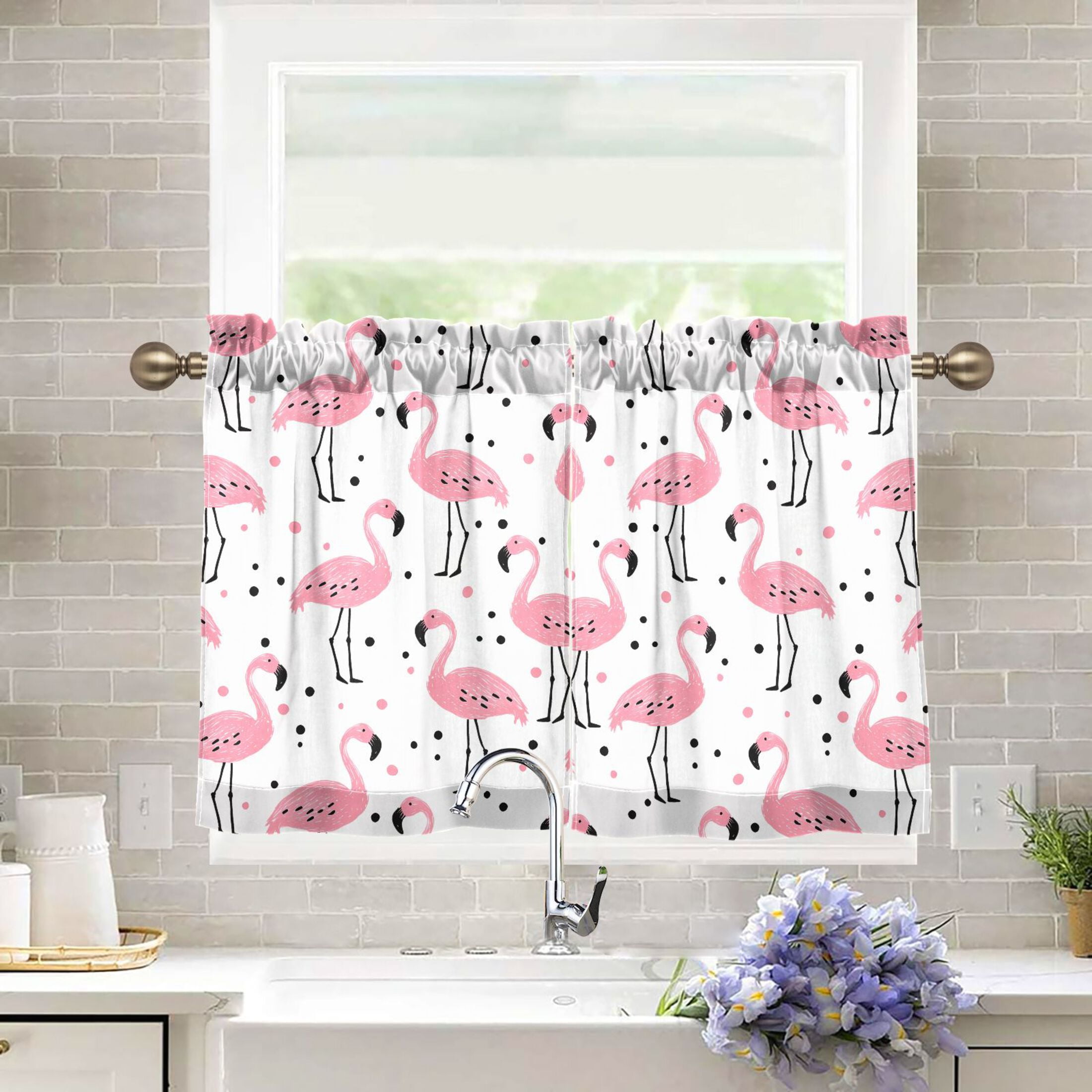 Linen Kitchen Curtains Pink Flamingo Polka Dots Pattern Tier Curtains Tier Kitchen Living Room Bedroom Balcony 2 Panels 27x36 Inch