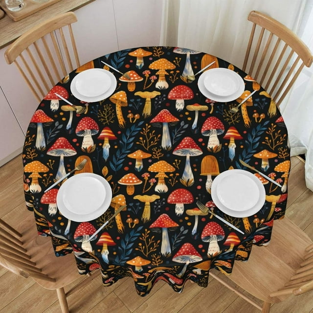 Tablecloth Mushroom Boho Vintage Round 60 x 60 Inch Table Cover Polyester Stain and Wrinkle Resistant Table Cloth for Kitchen Dining Coffee Party