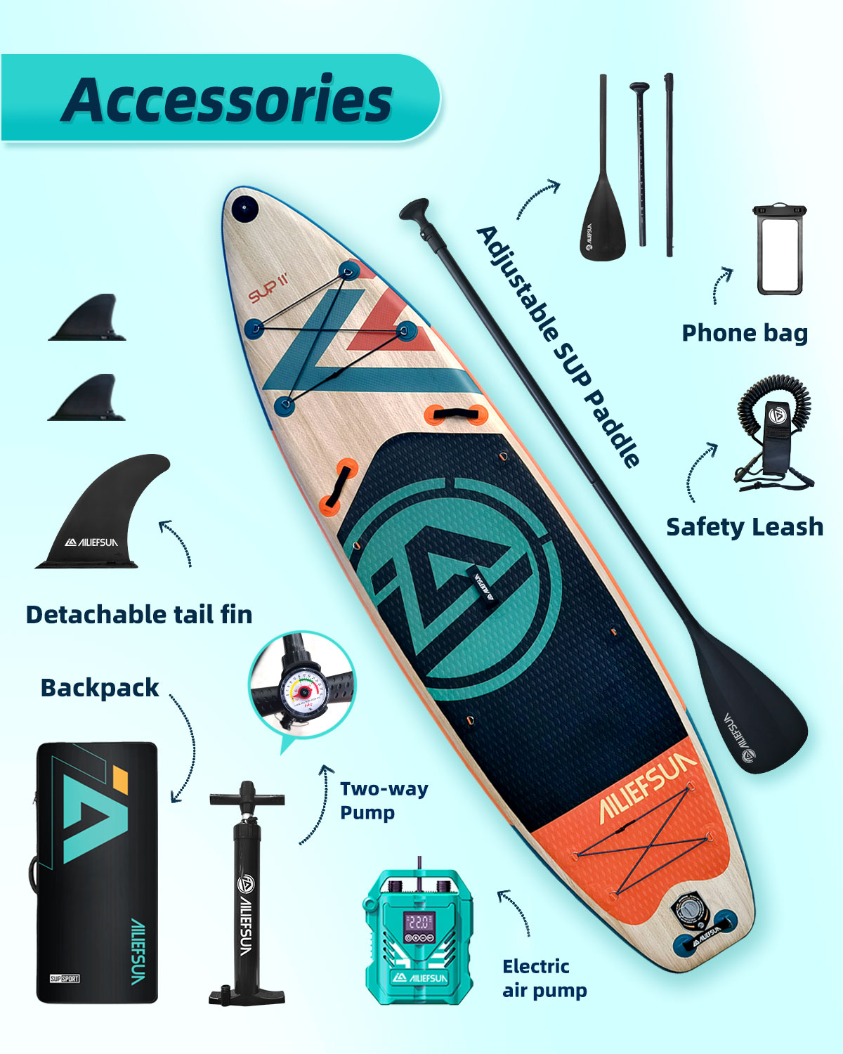 Electric Pump Wood Grain, 11'*34”*6“Ailiefsun Stand Up Paddle Board Inflatable Stable Sup Board with Fishing Paddleboards Accessories for Adults Youth Wide Non-Slip Deck Surfboard