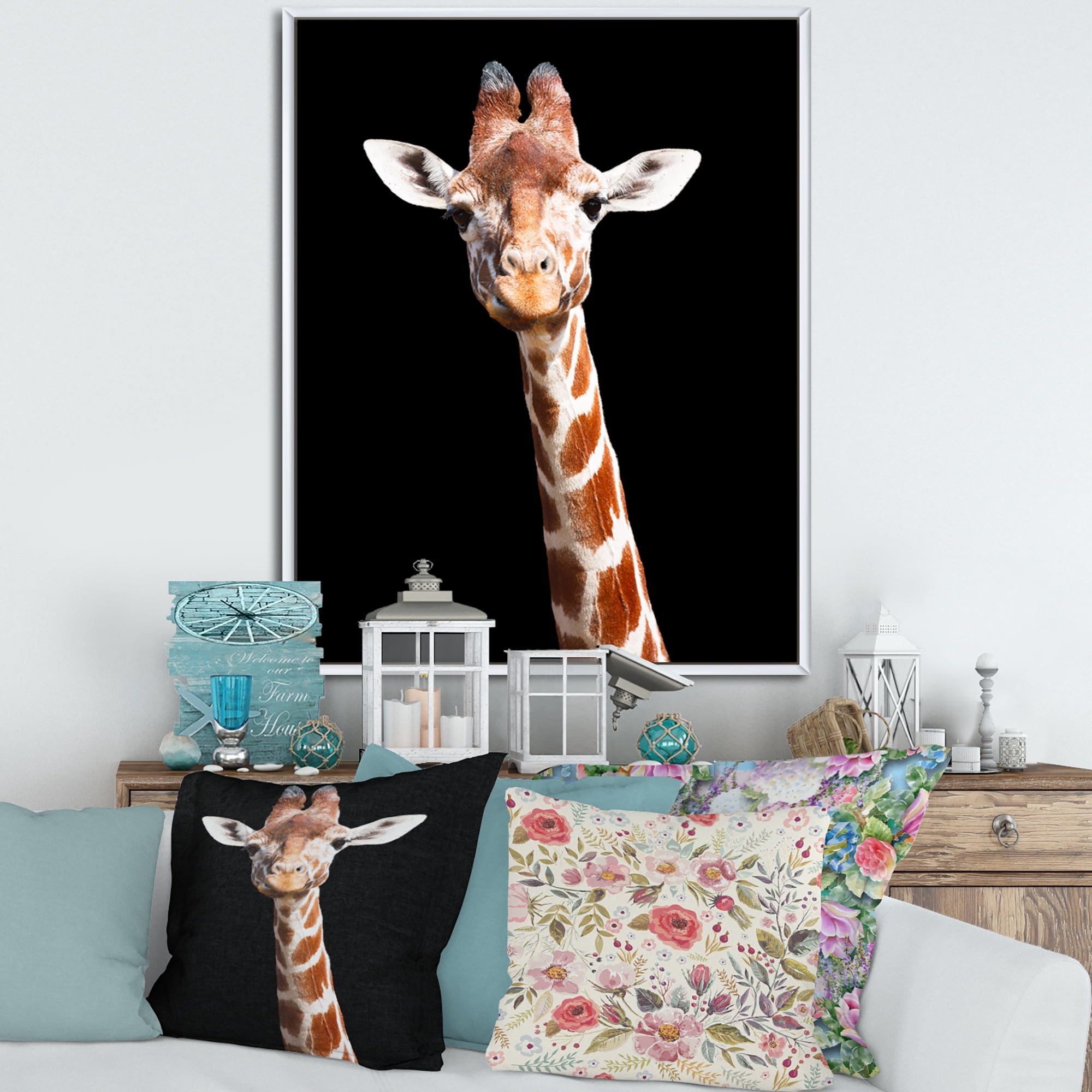 Close Up Portrait Of A Giraffe On Black V 24 in x 32 in Framed Photography Canvas Art Print, by Designart