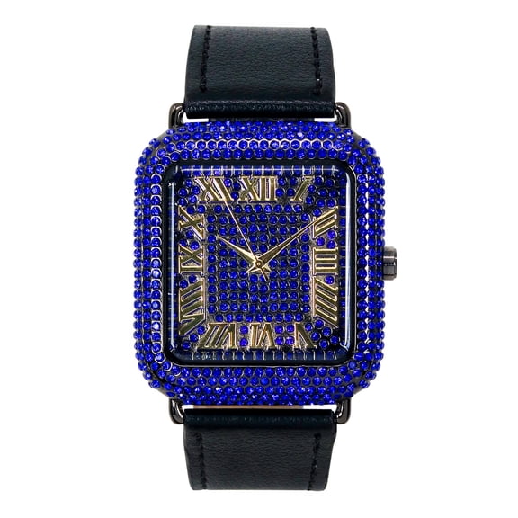 Men’s 40mm Iced Out Square Watch – Luxury Quartz Timepiece with Black Leather Band, Fully Paved Dial, Bold Hip Hop Fashion Accessory, Gift for Him - Gun Blue