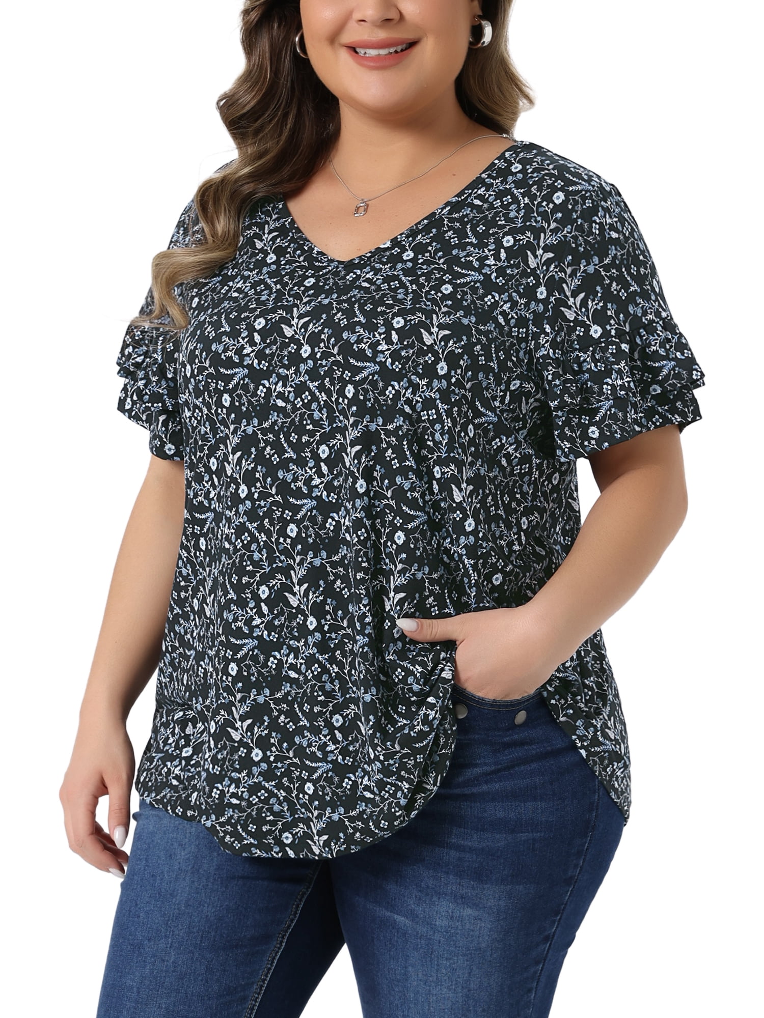 Women's Plus Summer Tops V Neck Ruffle Sleeve Floral Casual Blouses 1X Black