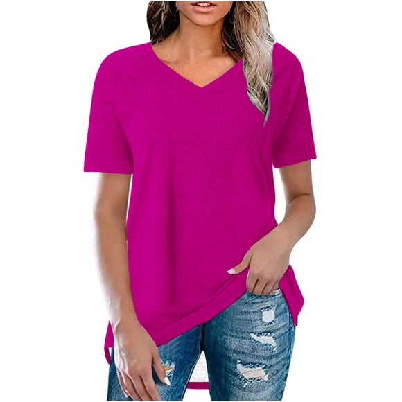 Scyoekwg Womens Tops Casual Solid Color Crewneck Regular T-shirt Summer Ladies Tops Loose Short Sleeve Tops Comfy Blouses (Hot Pink,S)