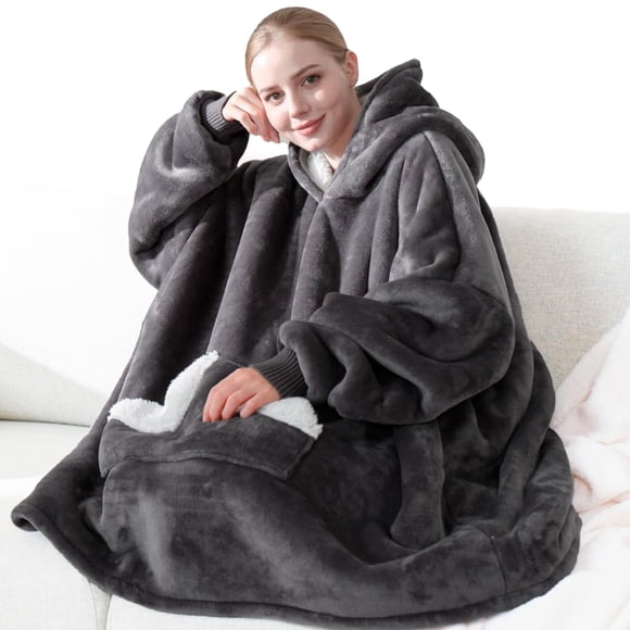 Manta portátil con capucha Touchat, gran tamaño, forro polar sherpa, gris