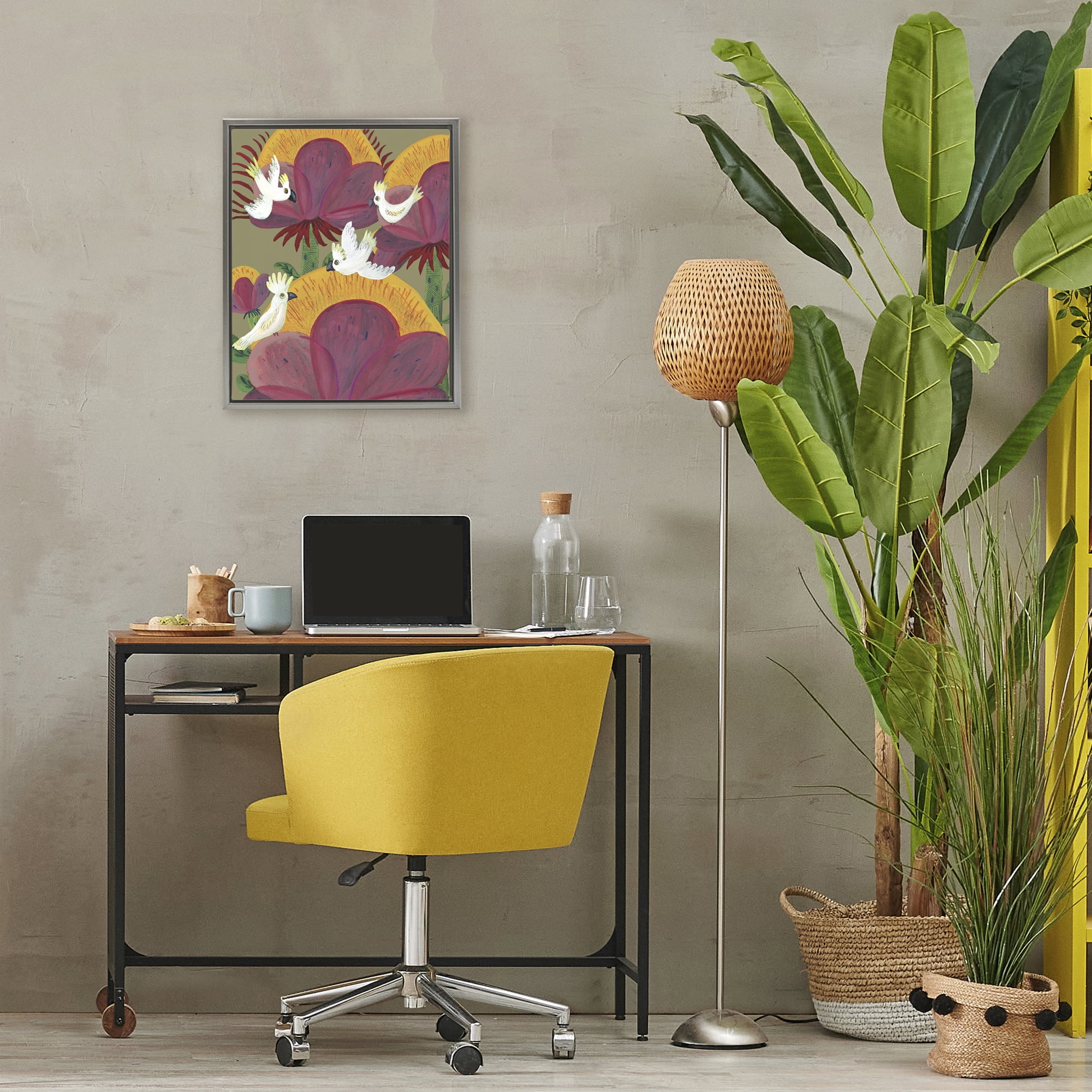 Stupell Industries Tropical Cockatoos & Plants Gray Framed Floater Canvas Wall Art, design by Kay Widdowson