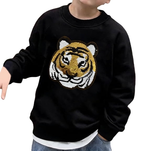VNKIDY Boys Sweatshirts Kids Sequin Cartoon Graphic Pullover Long Sleeve Crewneck Loose Fit Athletic Top For Casual Daily Outdoor Activities Leisure Top Black 8-9 Years