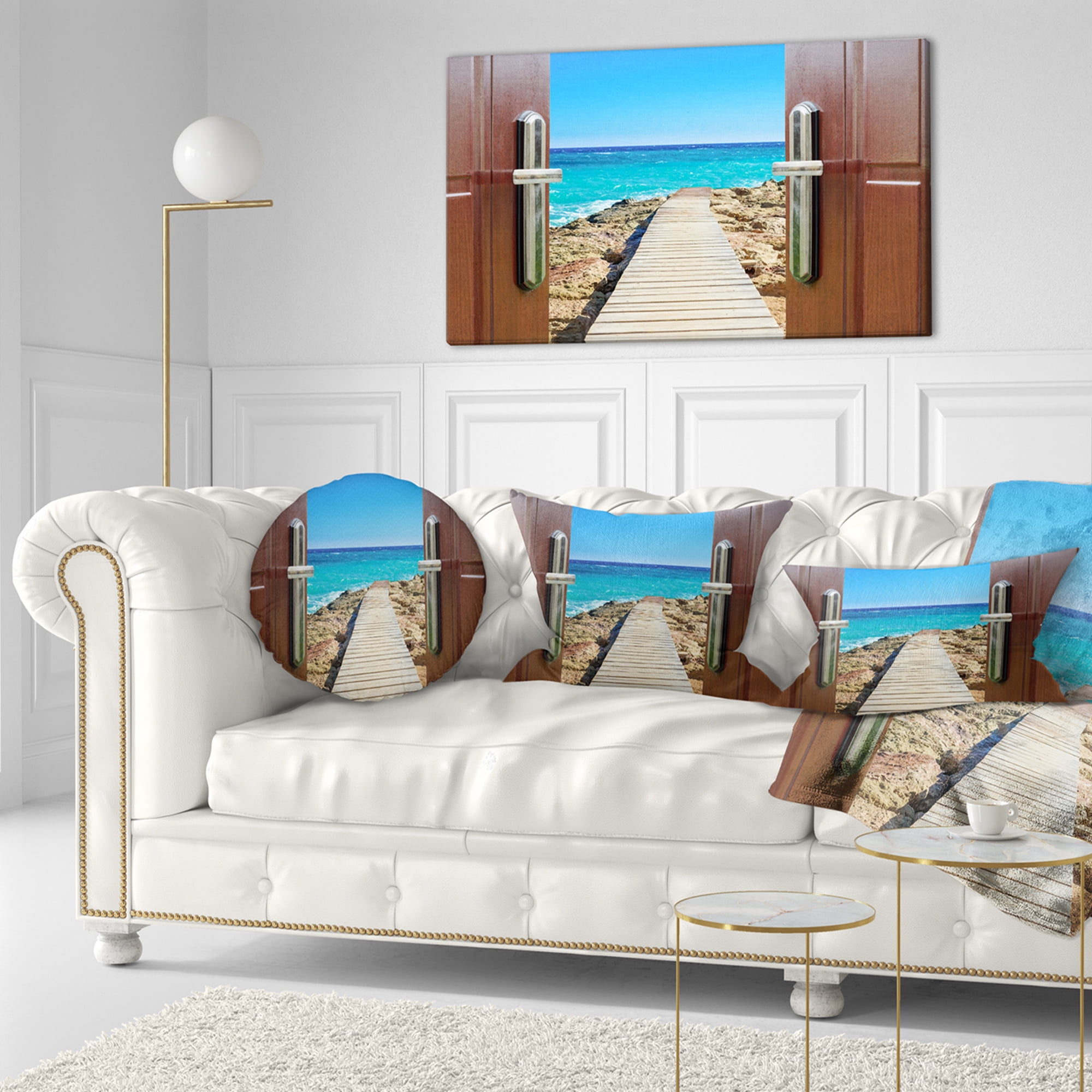 Designart Door Open to Wooden Ocean Pier - Wooden Sea Bridge Throw Pillow - 12x20