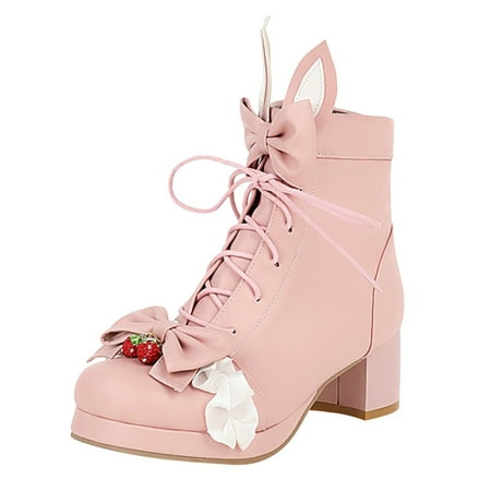 

Sehao womens flat dress shoes Womens Shoes Fashion Solid Color Round Toe Middle Heel Thick Heel Lace Up Buckle Large Boots Artificial leather womens winter shoes women casual shoes