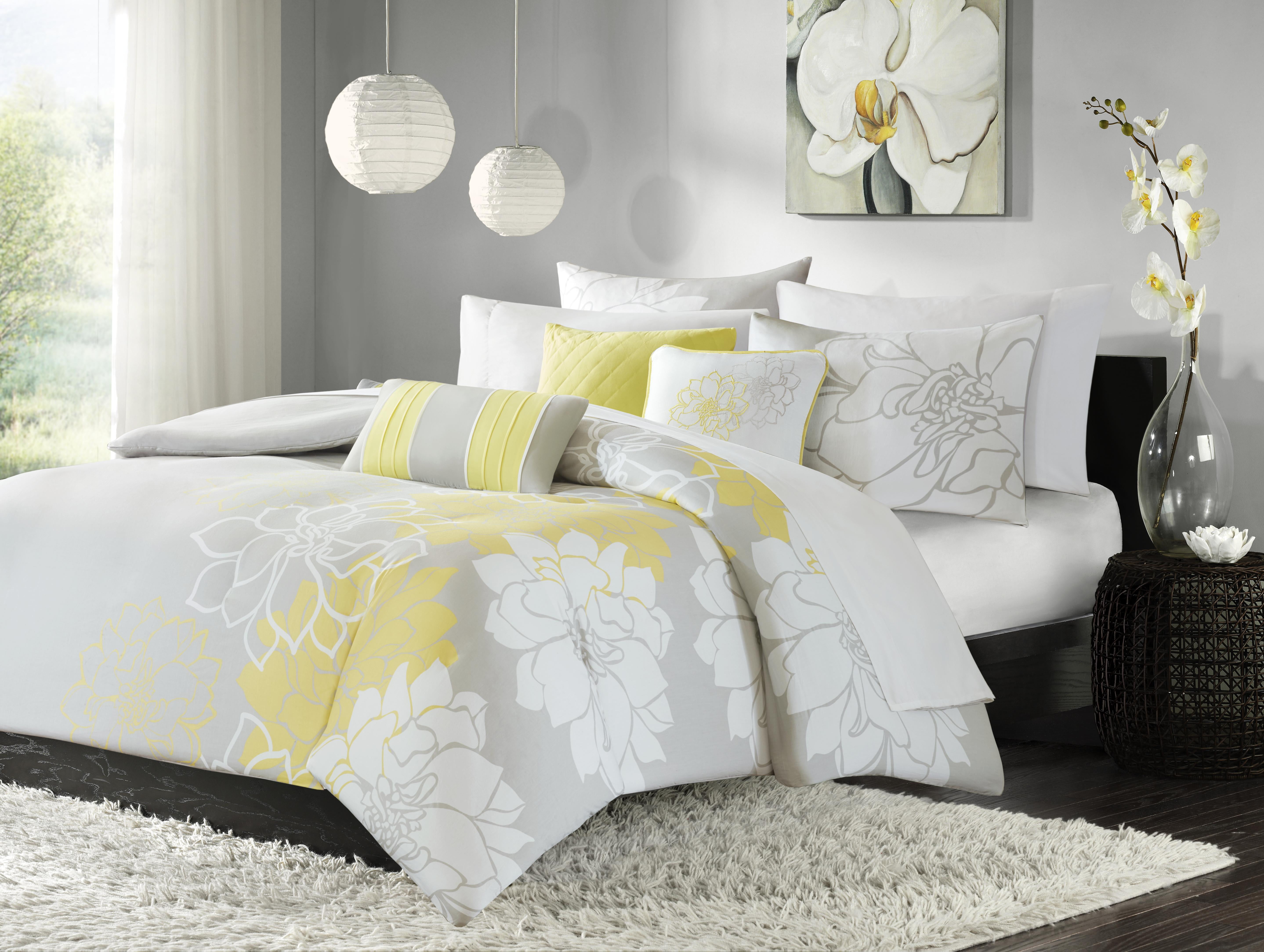 Photo 1 of Brianna 7 Piece Print Comforter Set - Gray/Yellow (Queen)