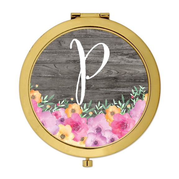Koyal Wholesale Gold Compact Mirror Bridesmaid's Wedding Gift, Pink Floral Flowers on Rustic Gray Wood, Monogram P, 1-Pk