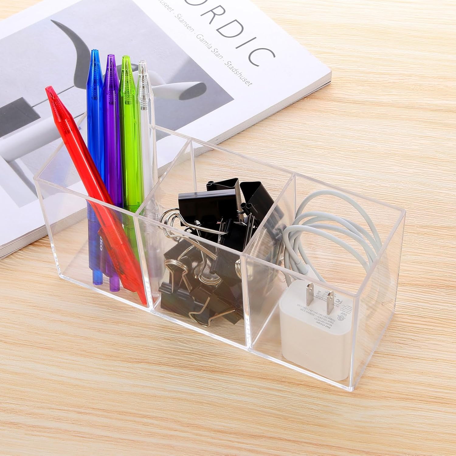 Acrylic Pen Holder 3 Compartments, Clear Pencil Organizer Cup for Countertop Desk Accessory Storage， Perfect for Office, Bedroom, and Bathroom Storage