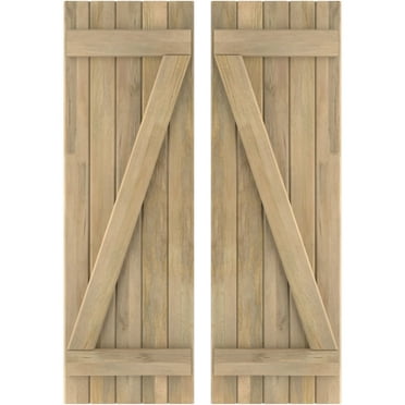 Ekena Millwork 17 1/2"W x 50"H Americraft Five Board (2 Batten) Exterior Real Wood Joined Board-n-Batten Shutters w/ Z-Bar (Per Pair), Unfinished