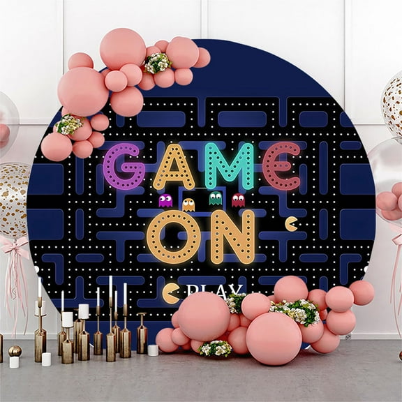 Circle 7.2ft Game On Video Game Birthday Backdrop for Boys Party Decorations Kids Photo Background