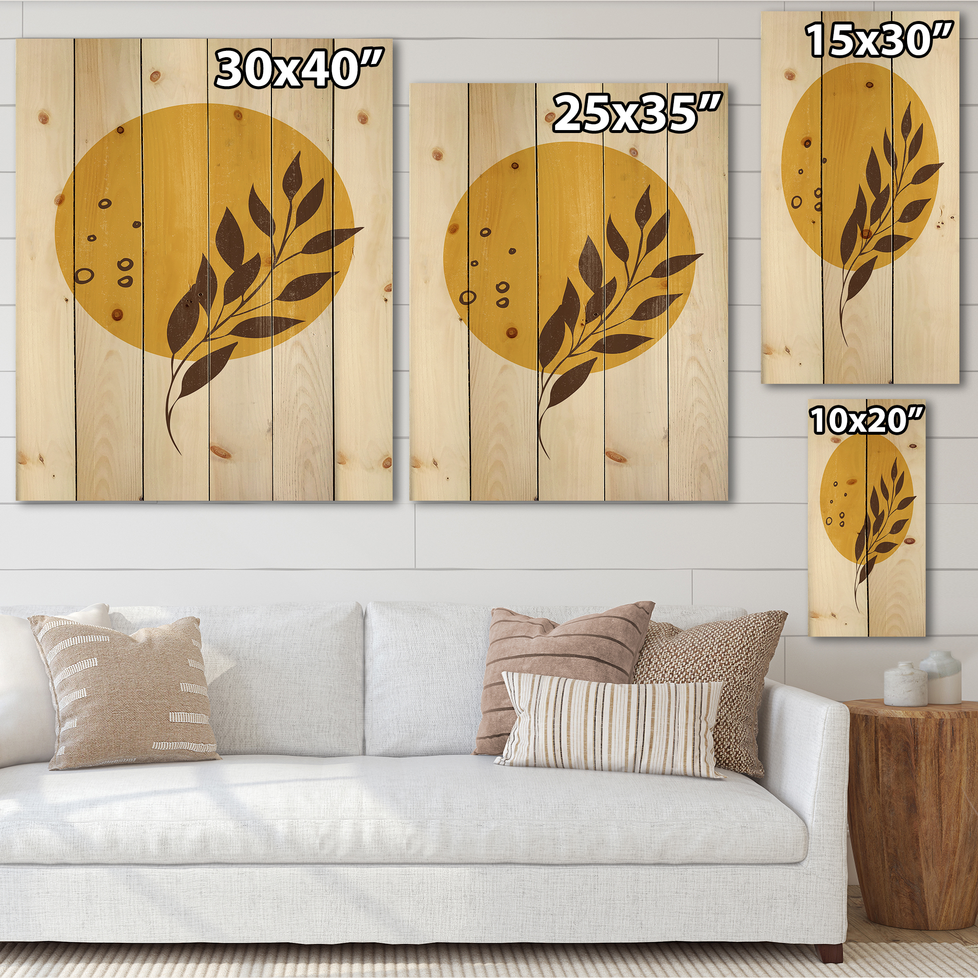 Designart 'Abstract Moon and Yellow Sun With Tropical Leaf II' Modern Print on Natural Pine Wood