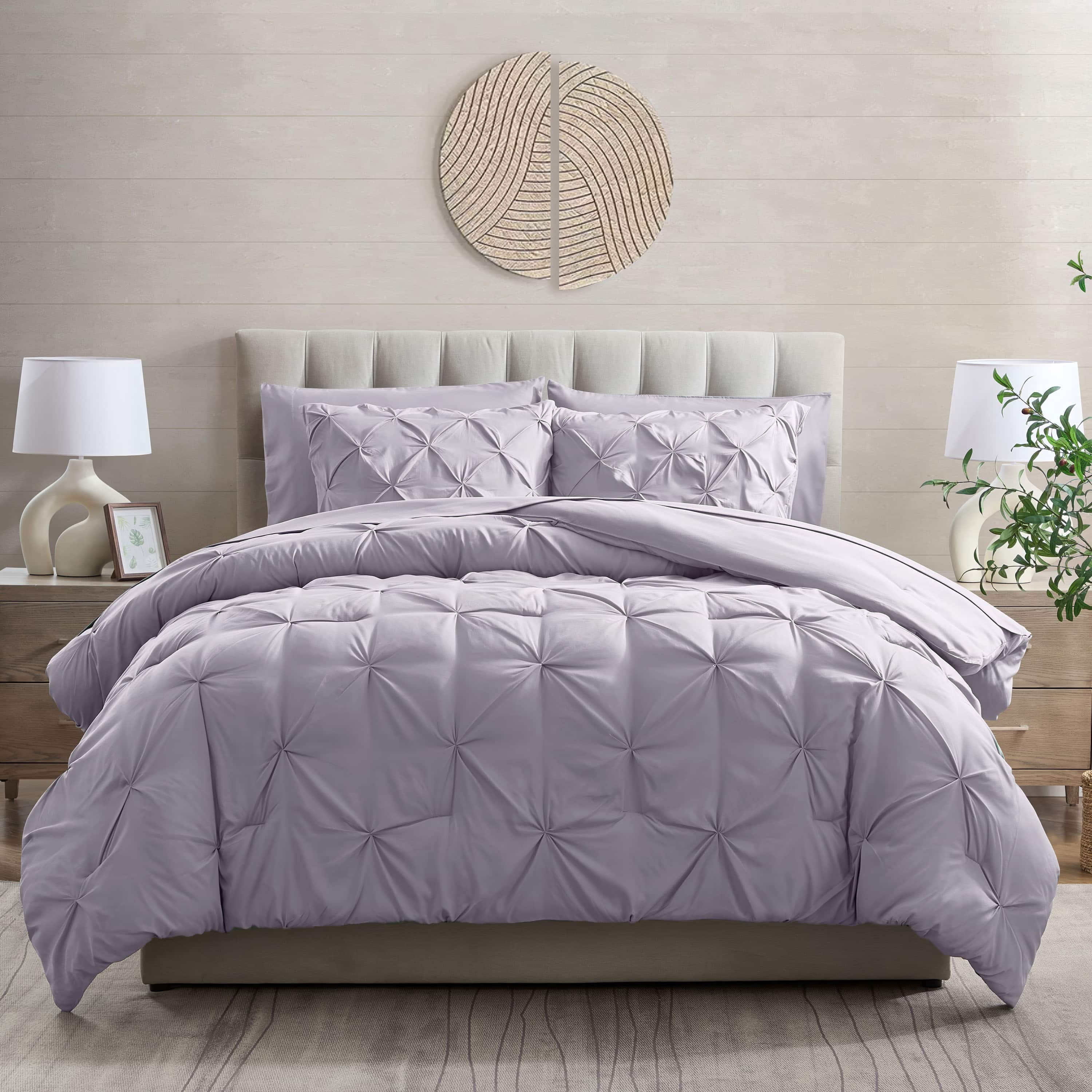 LammaLoe Full Size Comforter Sets, 7 Piece Bed In A Bag Pintuck Bedding Sets, Grayish Lavender