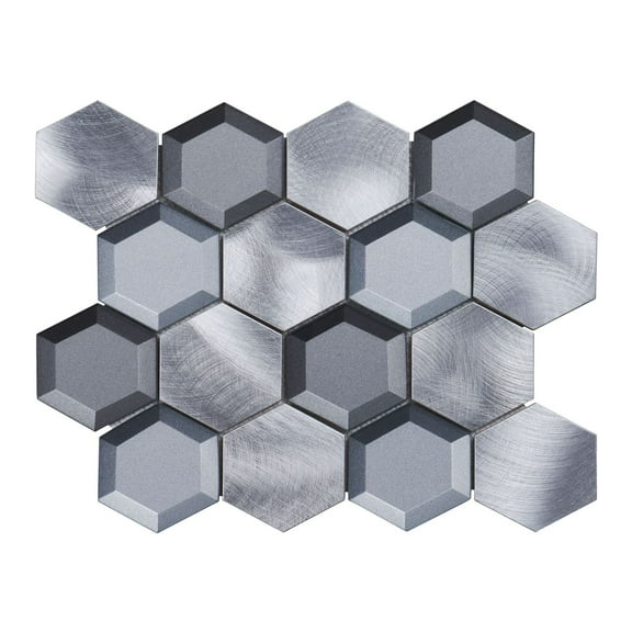 Modket Gray Aluminum 3D Crystal Glass Blended Hexagon Metallic Mosaic Tile Backsplash