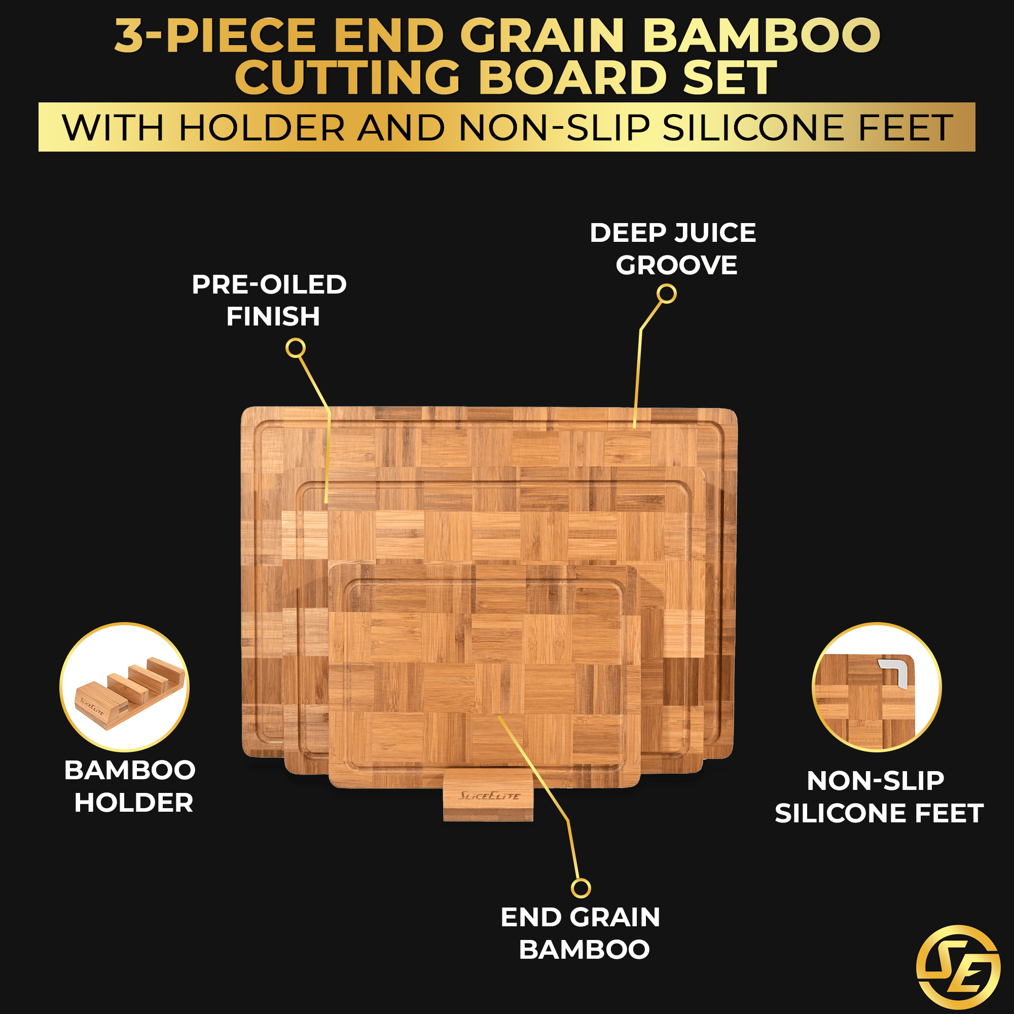 SliceElite 3-Piece Extra Large End Grain Bamboo Cutting Board Set with Holder
